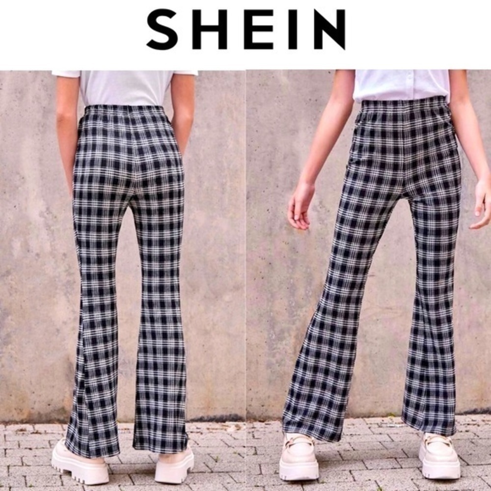 SHEIN Women’s Flare Leg Black & White Plaid Pants Size 12